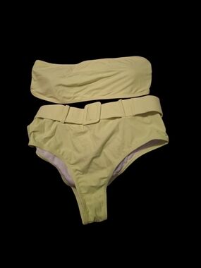 SHEIN Bandeau High-Waist Bikini Set with Belt - Pale Yellow